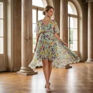 Kensie Floral Flutter‑Sleeve Dress Size 8 NWT Zip Closure High‑Low Hem